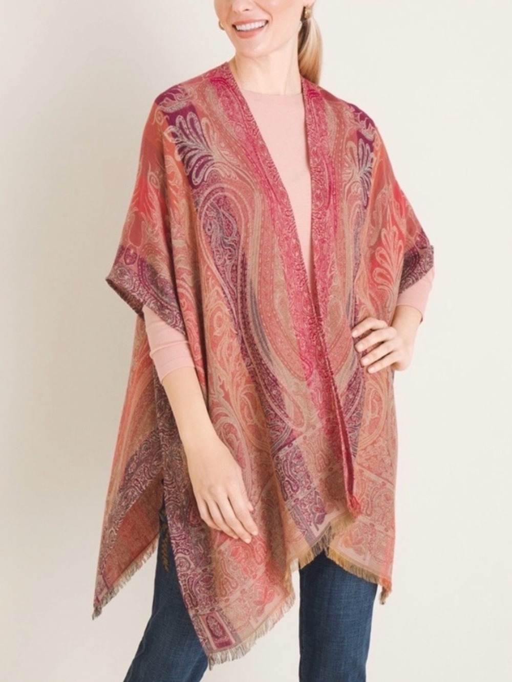 Chico's Paisley Pink/Orange Tone Open Front Wrap Kimono Women’s Size One Size OS